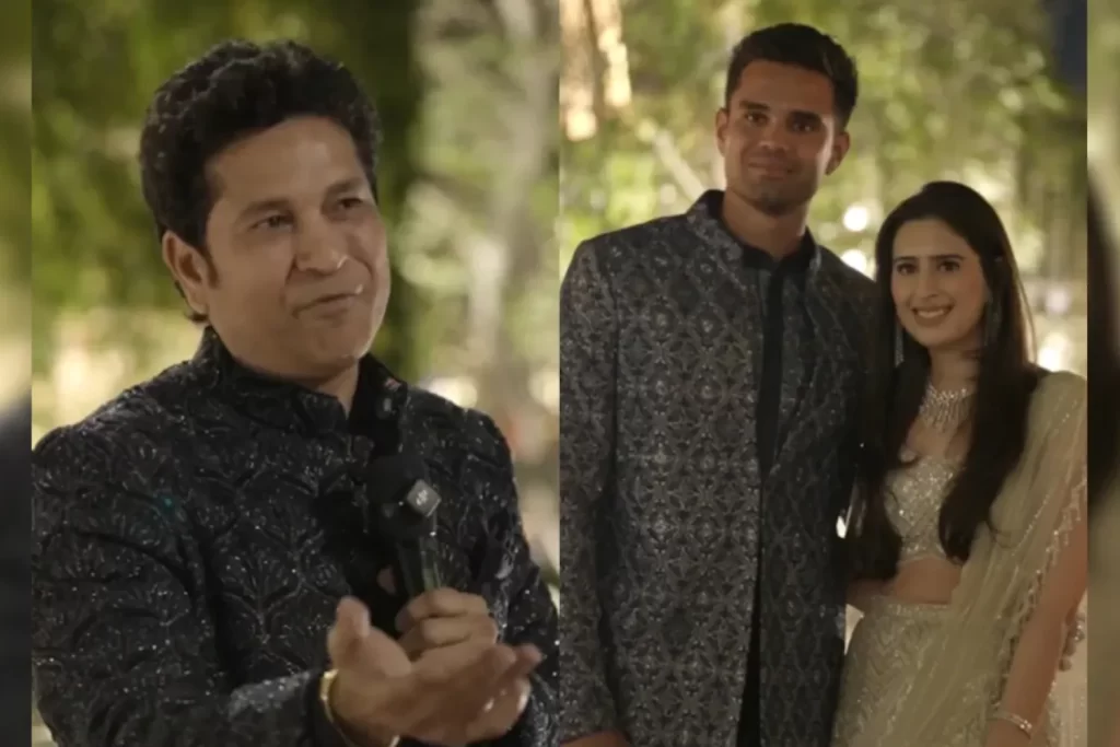 Sachin Tendulkar with Arjun and Saaniya during wedding celebrations.